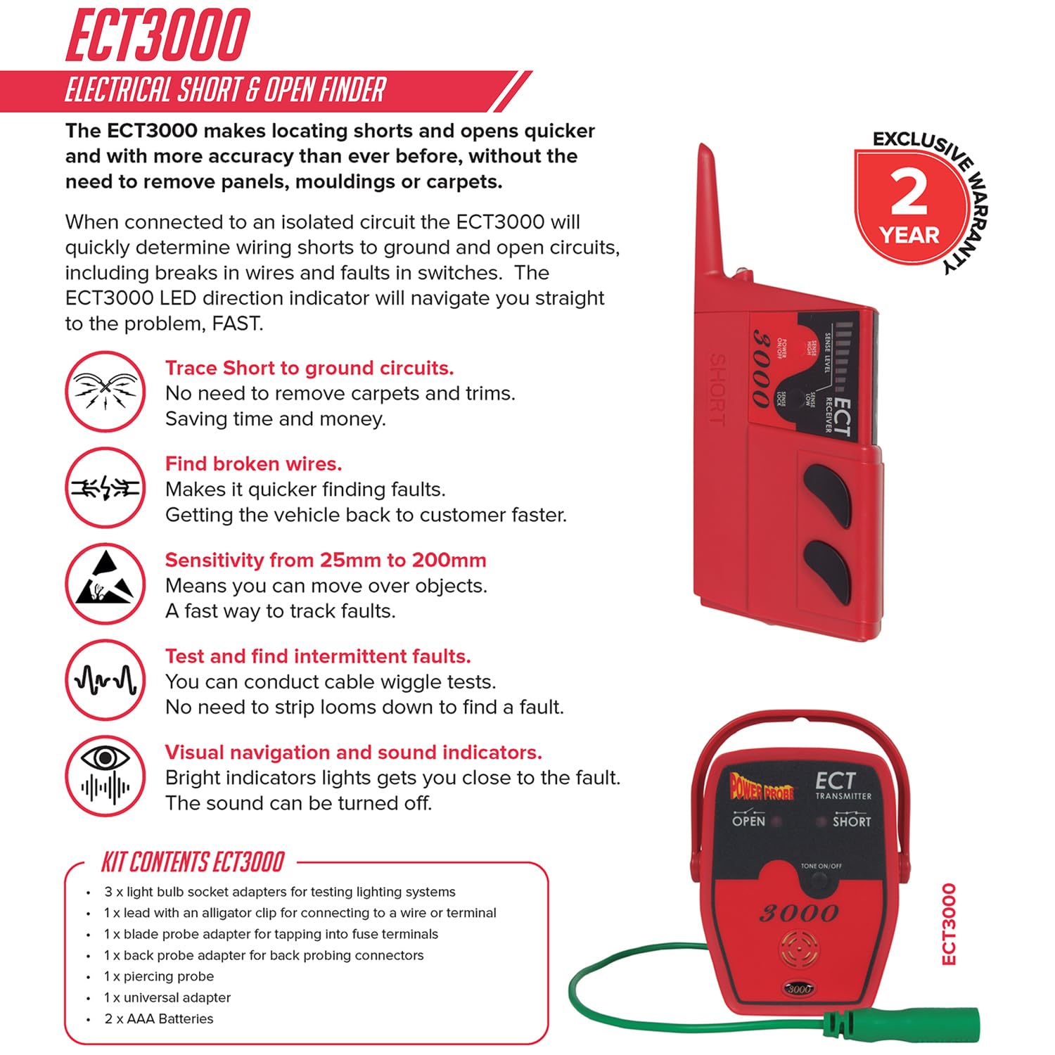 Power Probe ECT3000B built-in LED flashlight illuminates wiring workspace