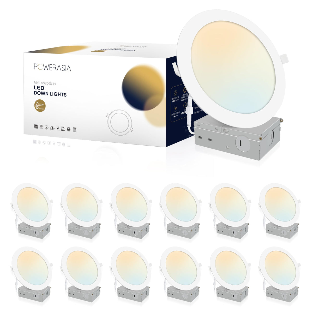 POWERASIA 12-pack 7-inch LED recessed light with junction box for simple ceiling installs.