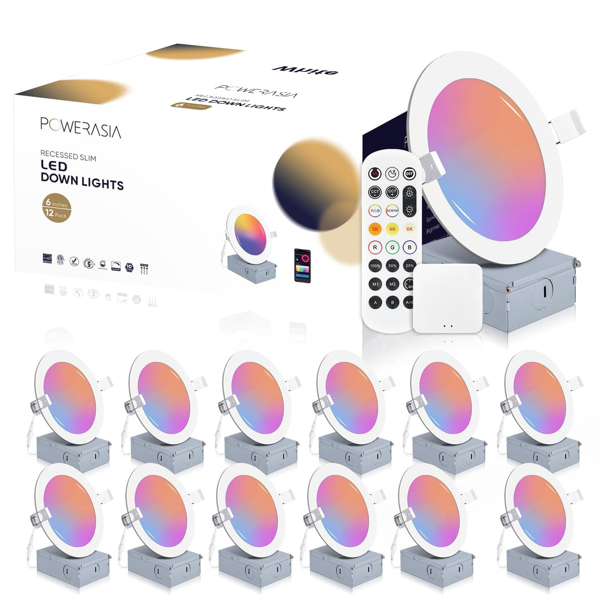 POWERASIA 12-pack 6-inch smart recessed light for uniform room illumination