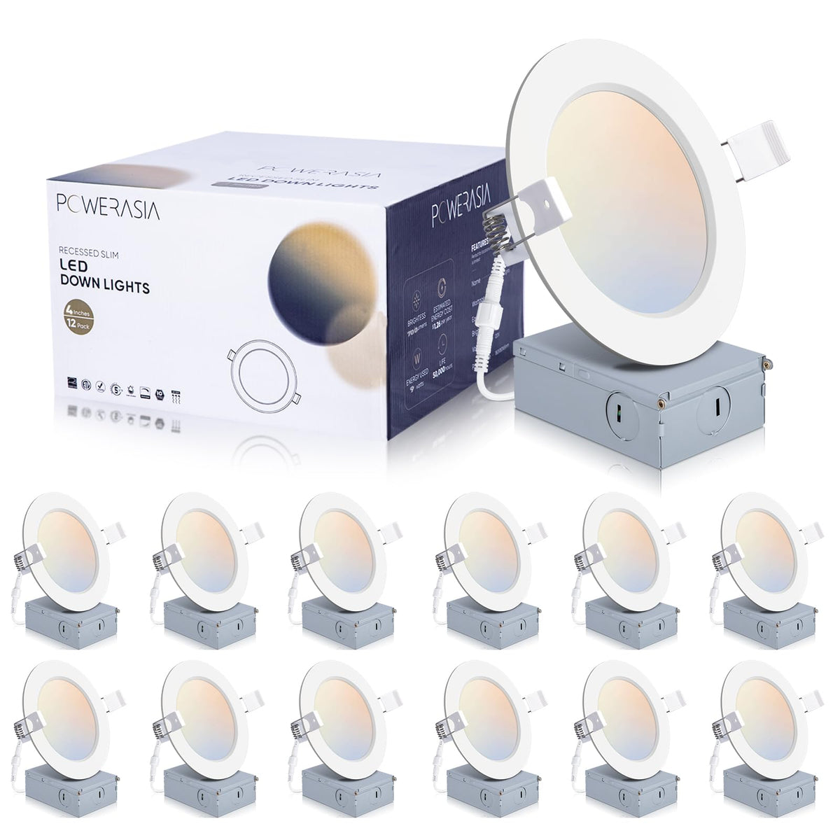 PowerAsia 12-pack 4-inch LED recessed light with junction box for quick installation.