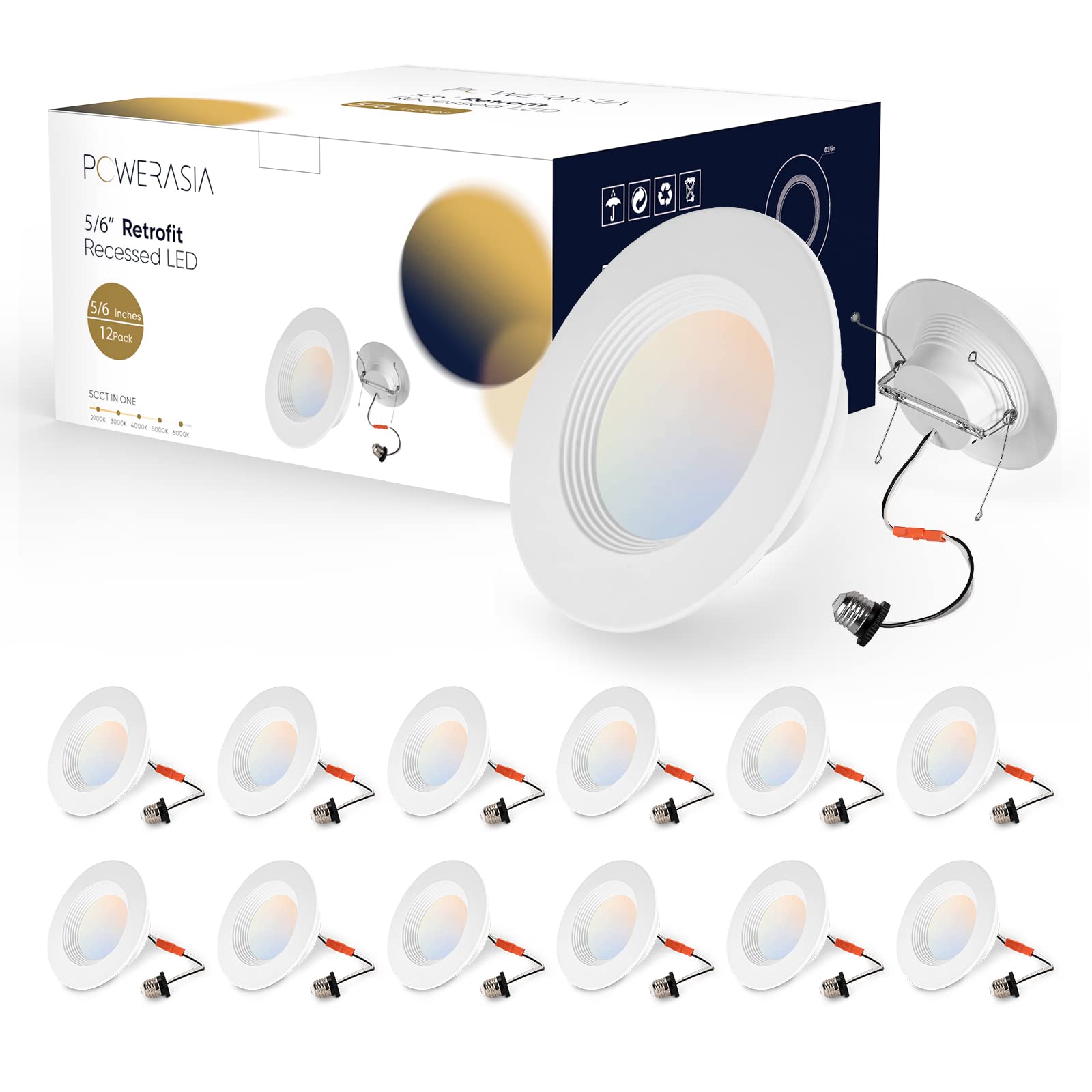 POWERASIA 12-pack 6in dimmable recessed light for versatile room illumination.