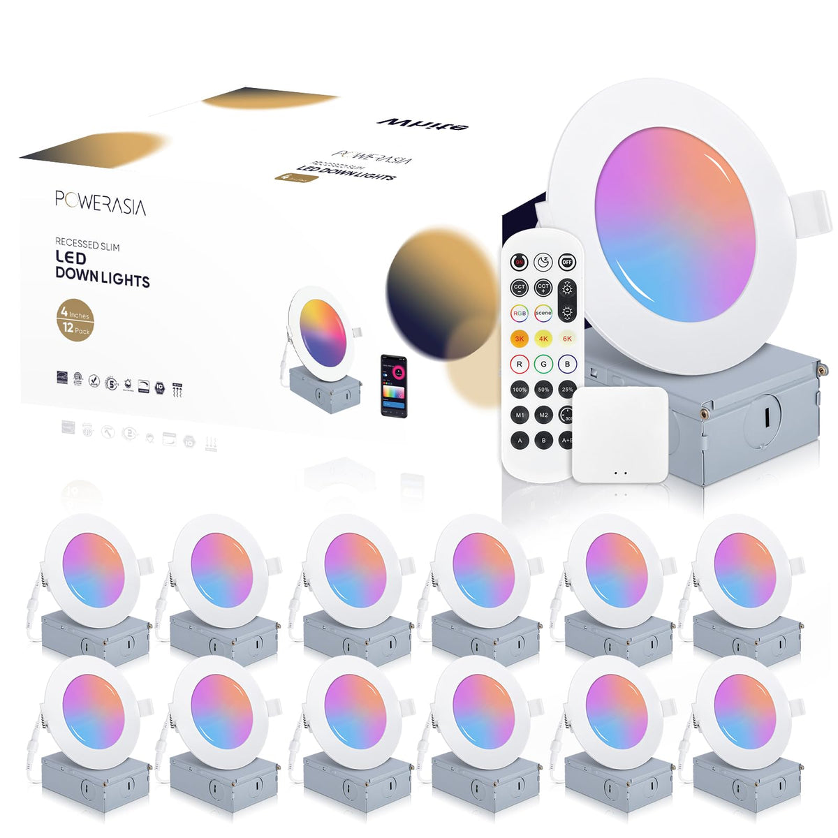 PowerAsia 12-pack smart recessed lighting close-up showing ultra-thin profile for seamless ceilings.