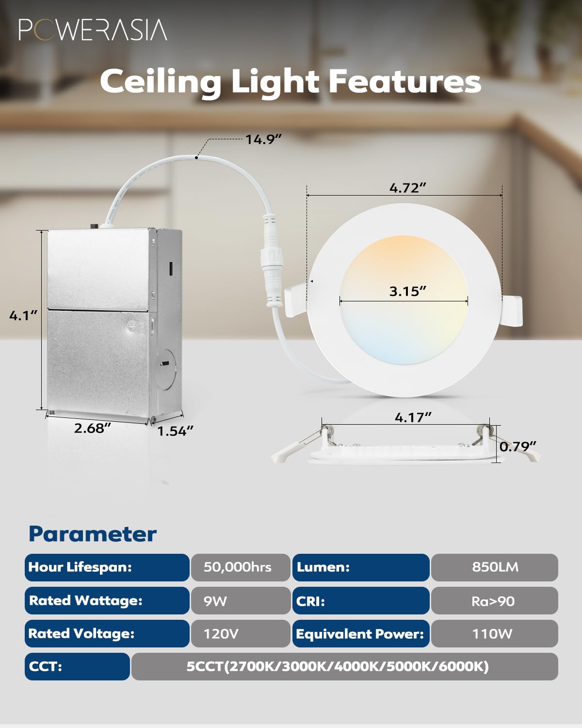 PowerAsia 4-inch LED recessed light with dimming and 2700K-6000K color options.
