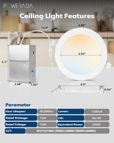 POWERASIA five-temperature dimmable LED recessed light with adjustable color temperature