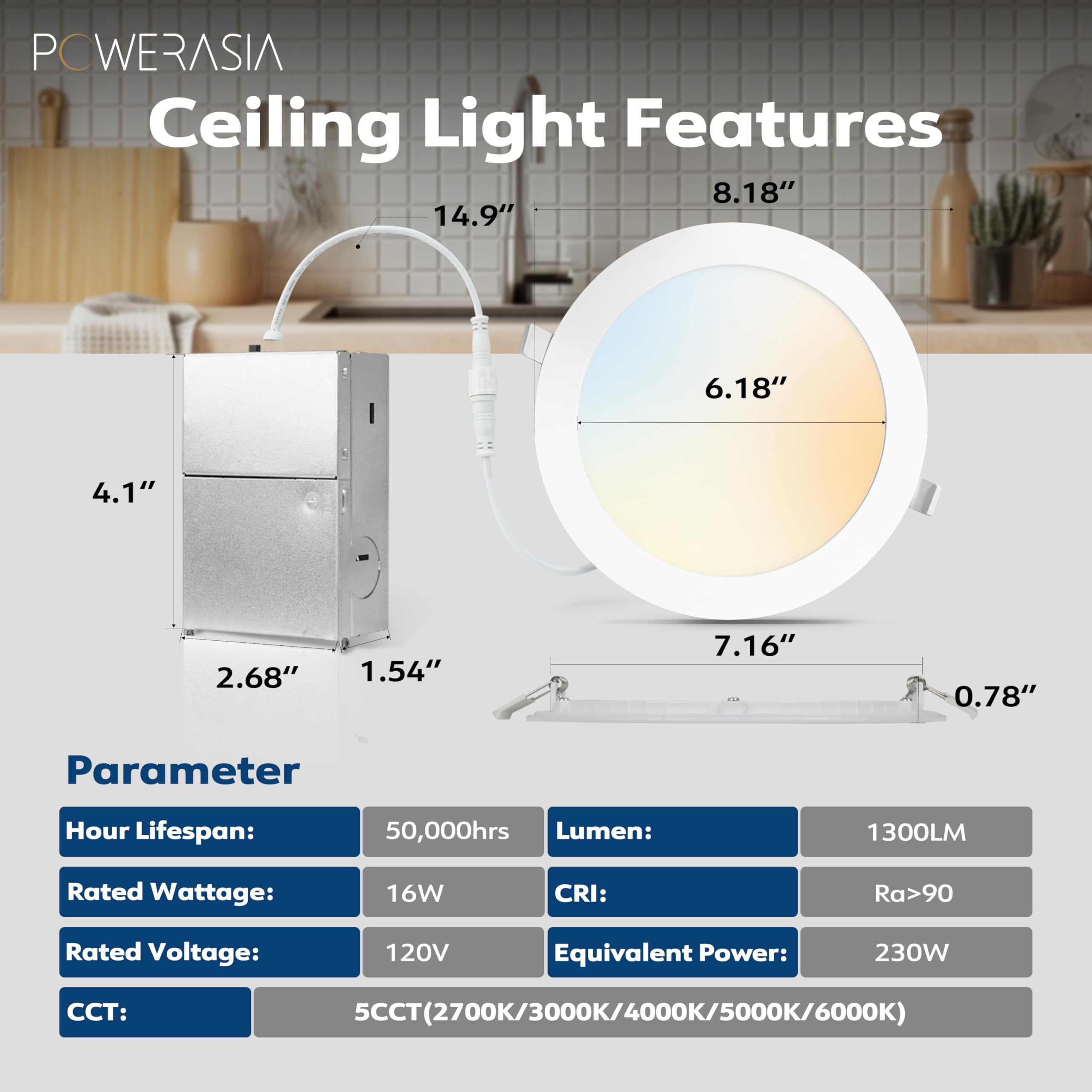 POWERASIA 7-inch LED recessed light with dimmable feature enables smooth color changes.