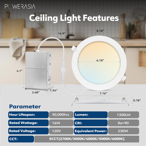 POWERASIA 7-inch recessed light dimming range for customizable ambience.