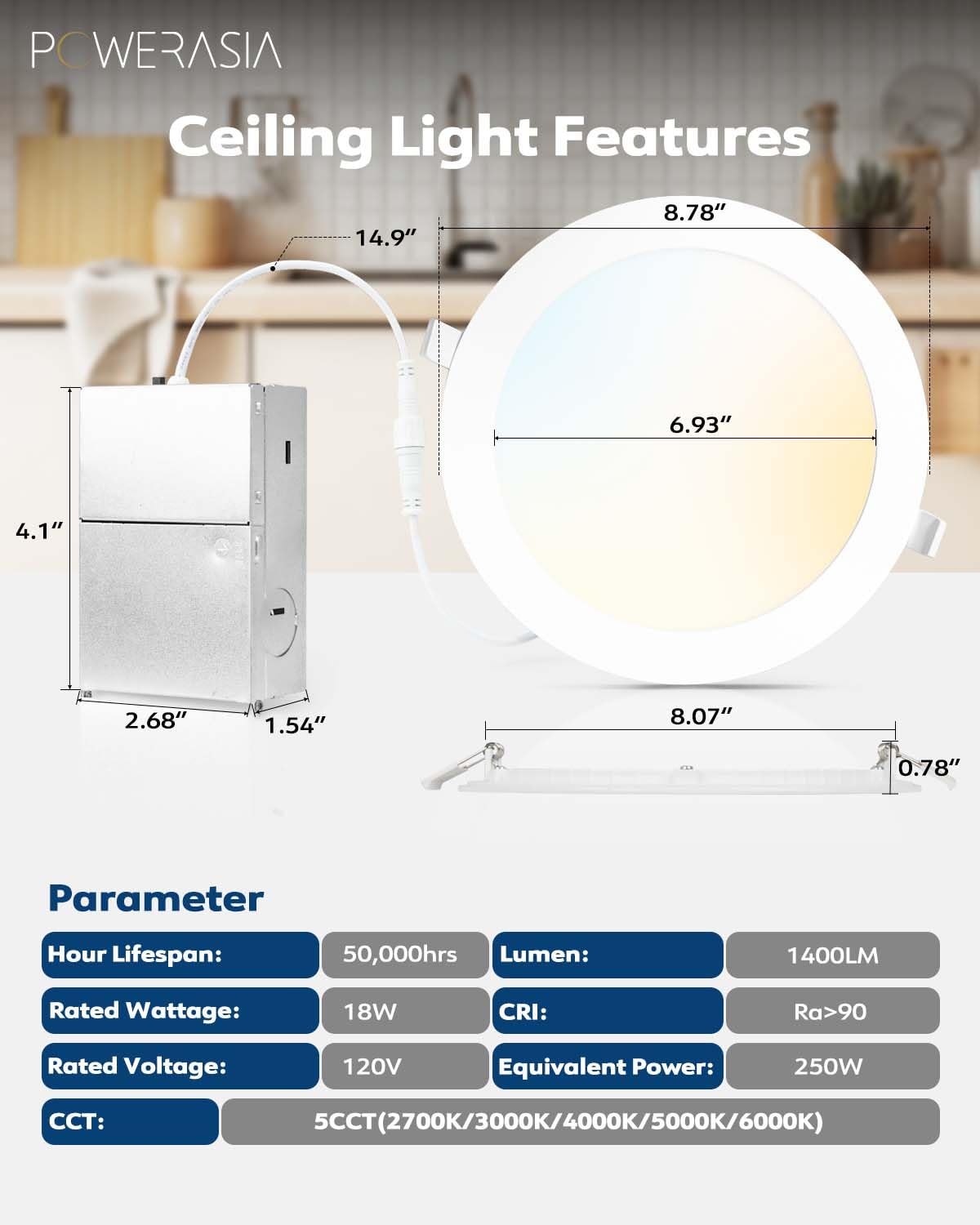 POWERASIA 8-inch recessed light dimming preview showing 5CCT options.