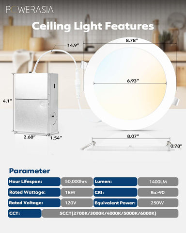POWERASIA 8-inch recessed light dimming preview showing 5CCT options.