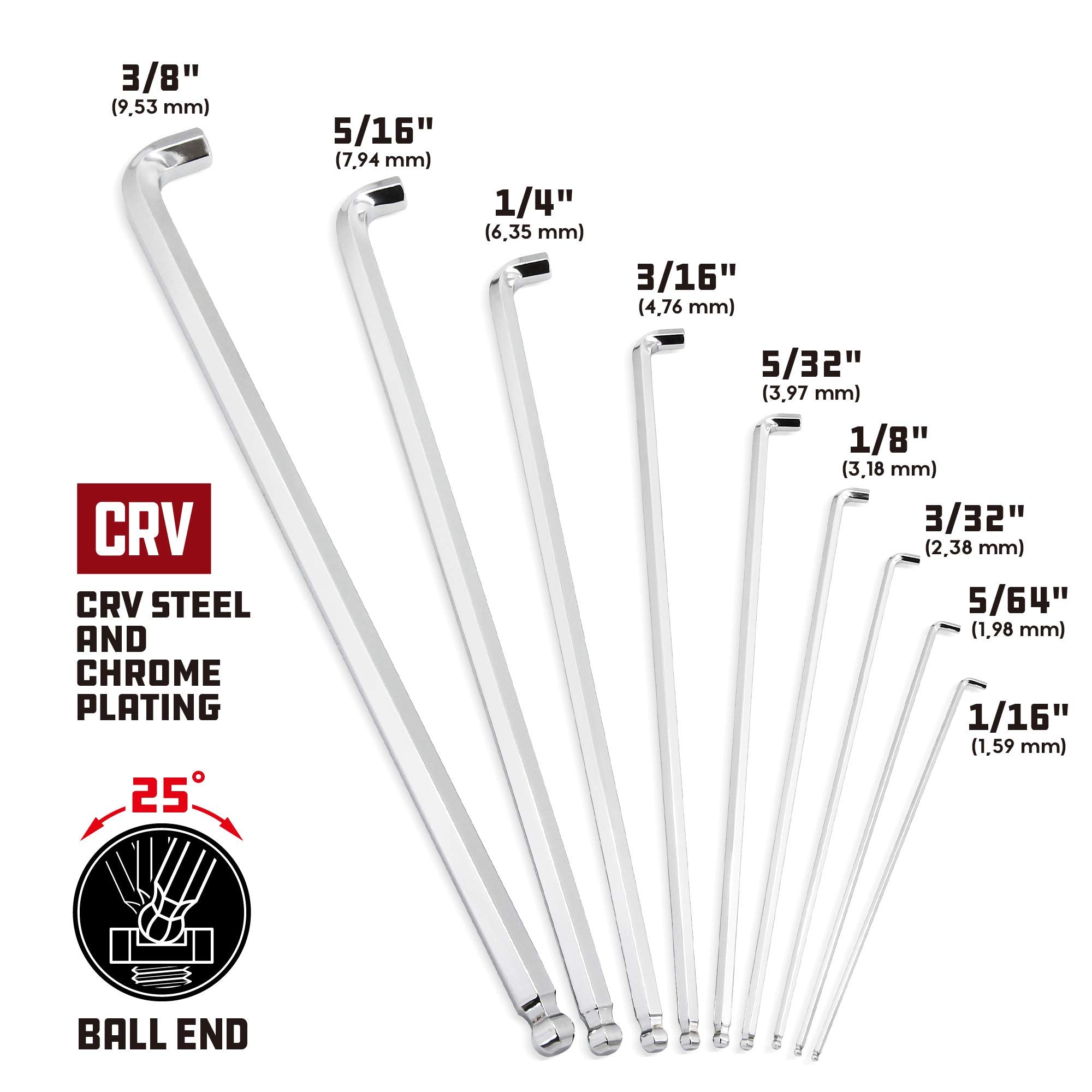 Powerbuilt ball-end long arm hex keys enabling angled turning up to 25 degrees.