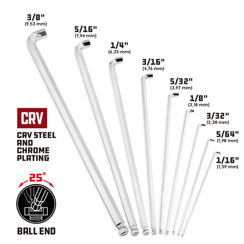 Powerbuilt ball-end long arm hex keys enabling angled turning up to 25 degrees.