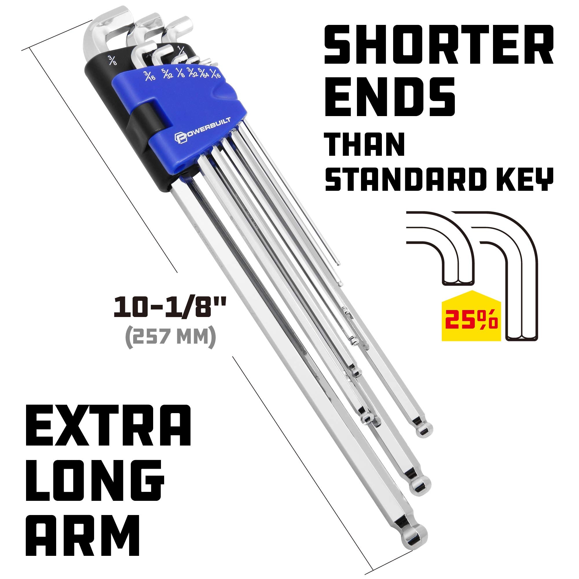 Powerbuilt extra-long-arm hex keys providing greater reach and leverage.