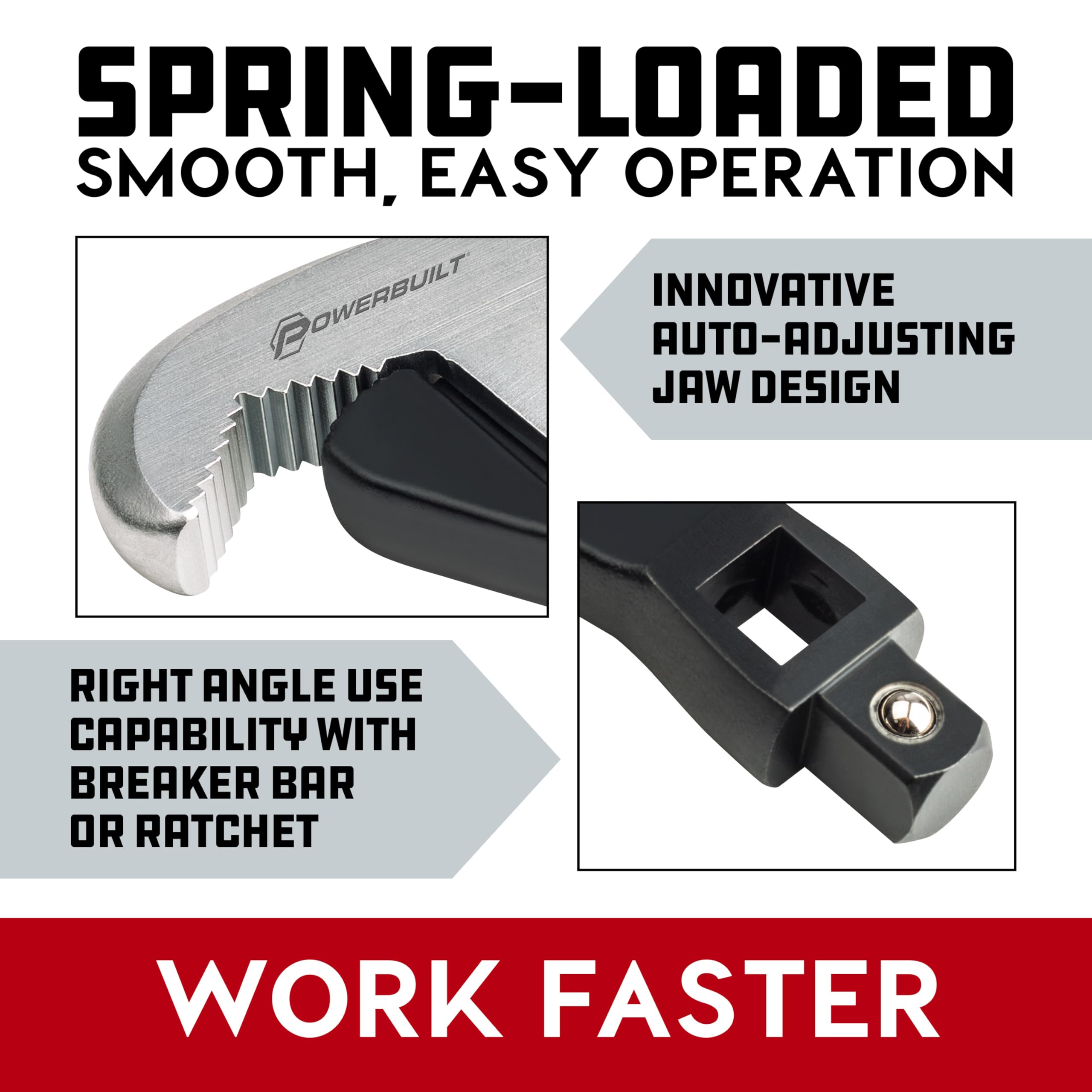 Powerbuilt 1/4, 3/8, and 1/2 inch drives enable versatile use with breakers and ratchets.