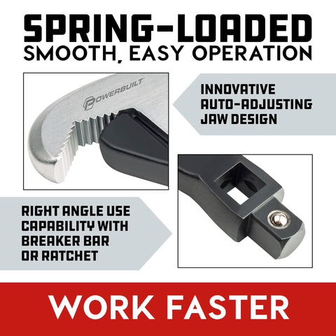 Powerbuilt 1/4, 3/8, and 1/2 inch drives enable versatile use with breakers and ratchets.