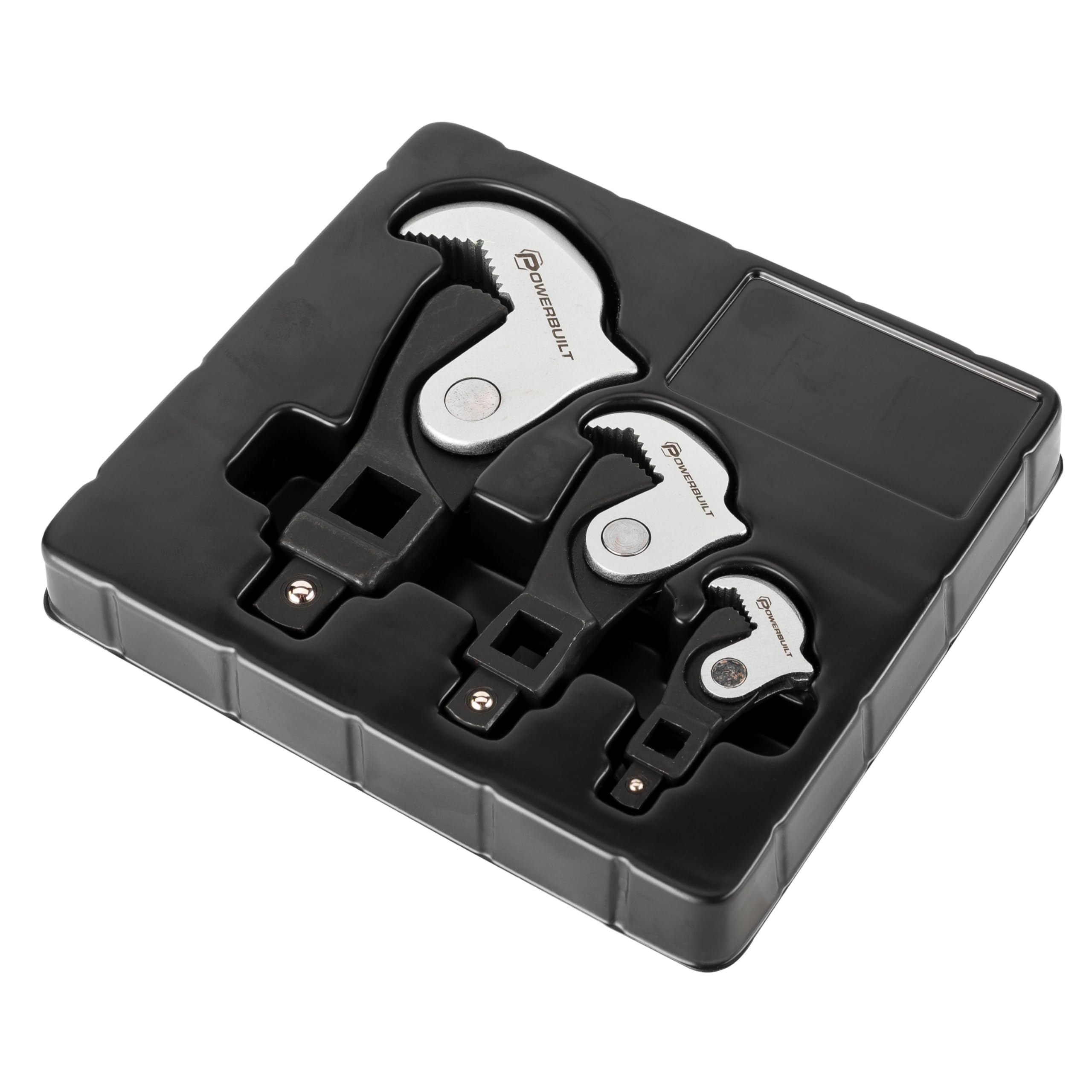 Powerbuilt spring-loaded crowfoot wrench close-up shows auto-adjusting jaws for faster fastening.