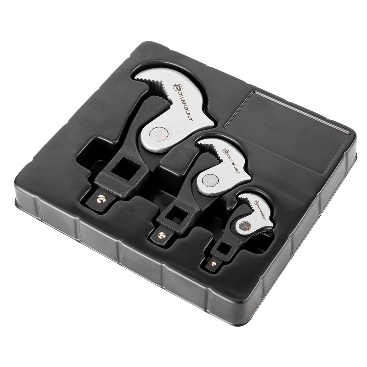 Powerbuilt spring-loaded crowfoot wrench close-up shows auto-adjusting jaws for faster fastening.