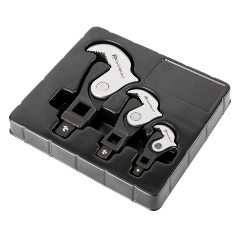 Powerbuilt spring-loaded crowfoot wrench close-up shows auto-adjusting jaws for faster fastening.