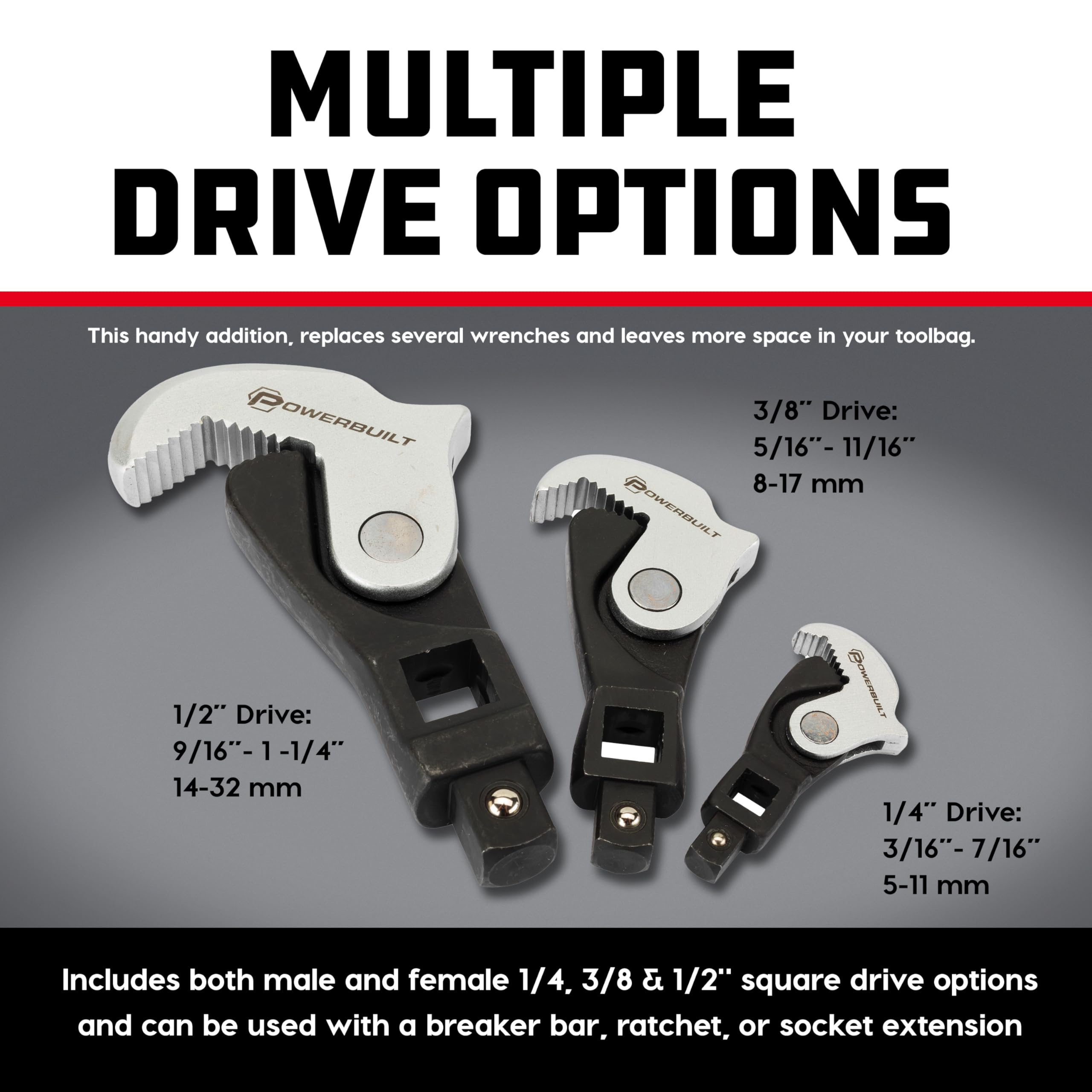 Powerbuilt wide jaw range covers common fastener sizes.