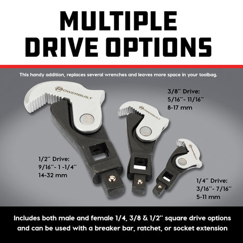 Powerbuilt wide jaw range covers common fastener sizes.