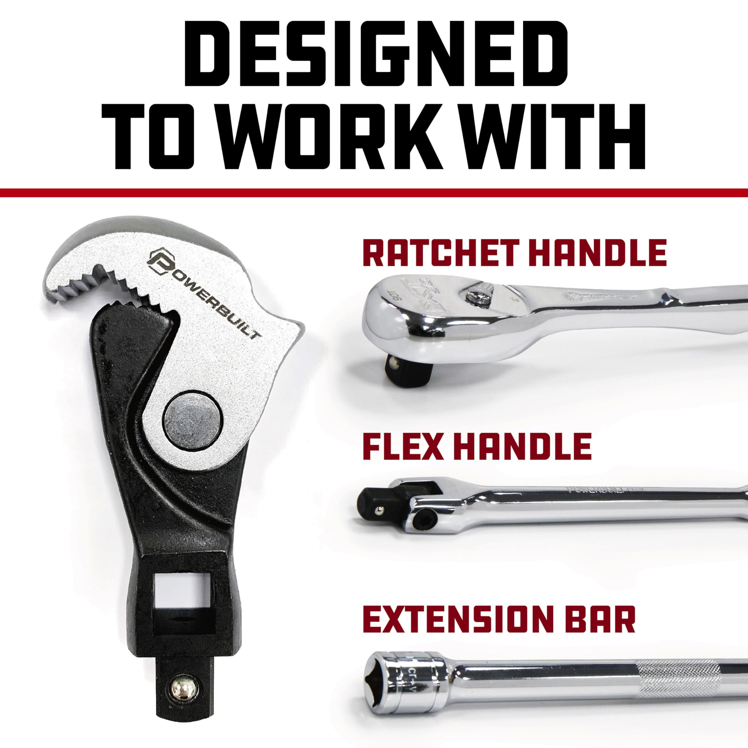 Powerbuilt wrench set in action tightening fasteners in tight spaces.