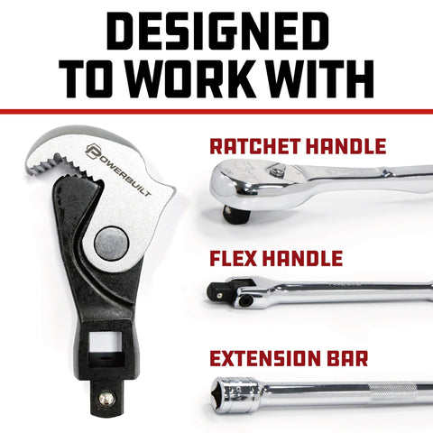 Powerbuilt wrench set in action tightening fasteners in tight spaces.