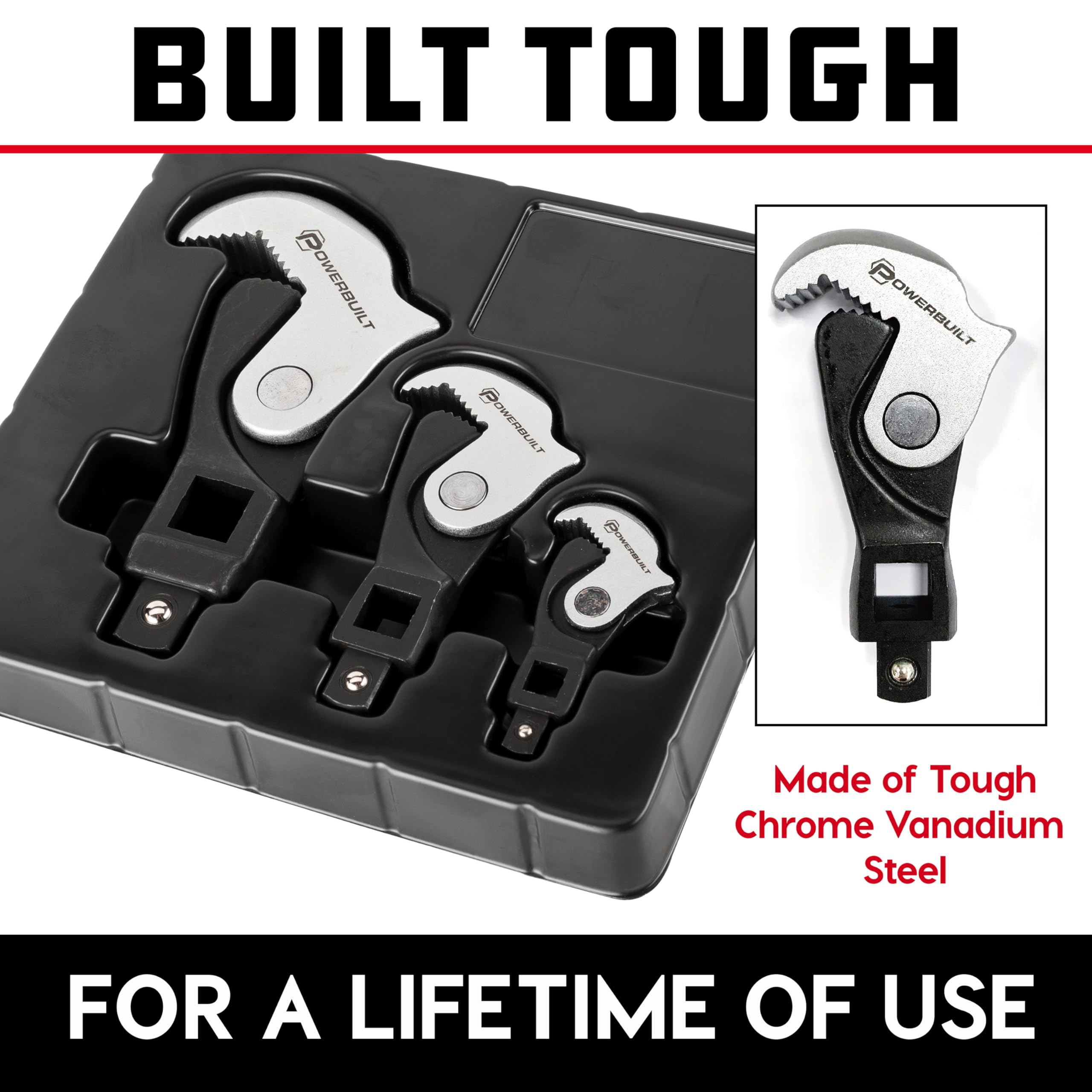 Powerbuilt wrench storage tray keeps tools organized and ready.