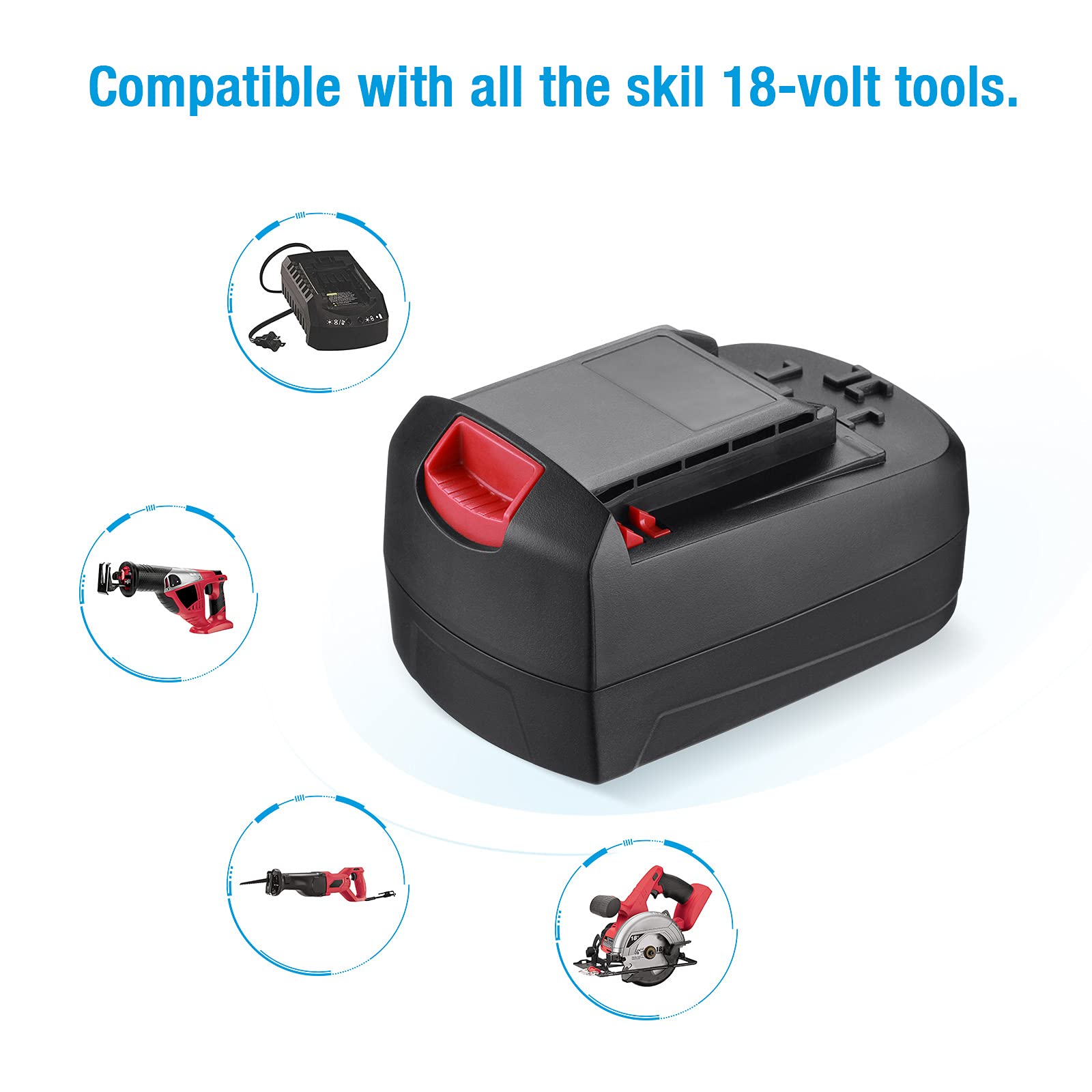 Powerextra 18V battery side angle showing compact design for tool handling.