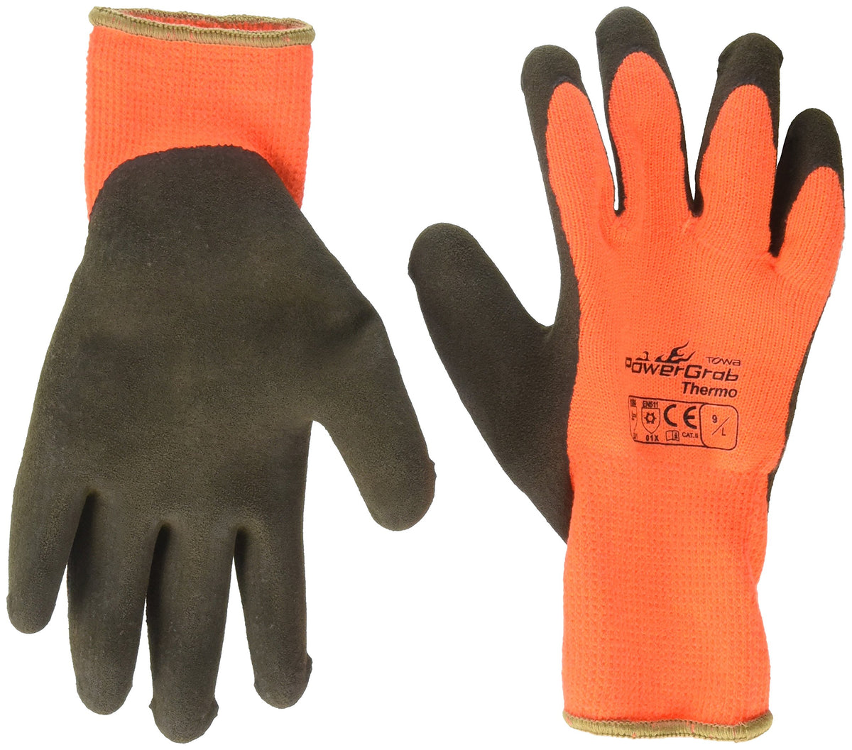 Powergrab thermo hi-vis gloves show palm grip for secure handling in cold conditions.