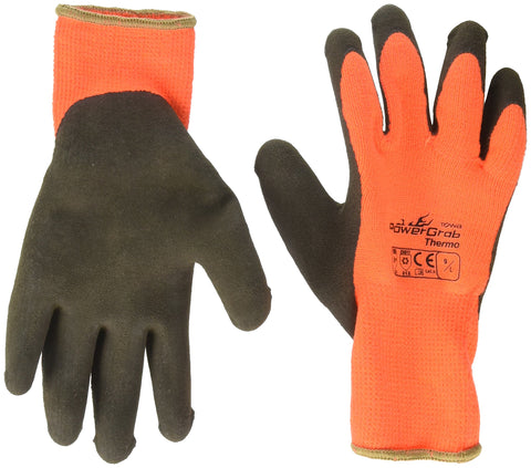 Powergrab thermo hi-vis gloves show palm grip for secure handling in cold conditions.