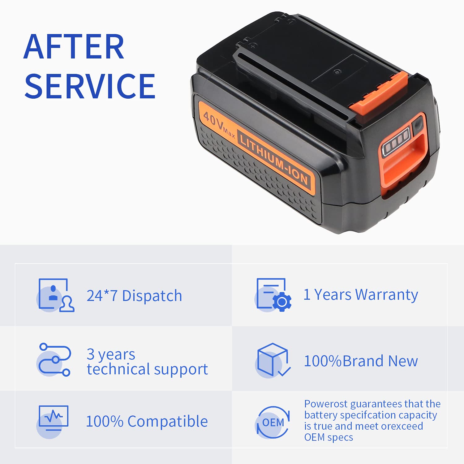 Powerost 40V charger compatibility image showcasing easy recharge with compatible chargers.