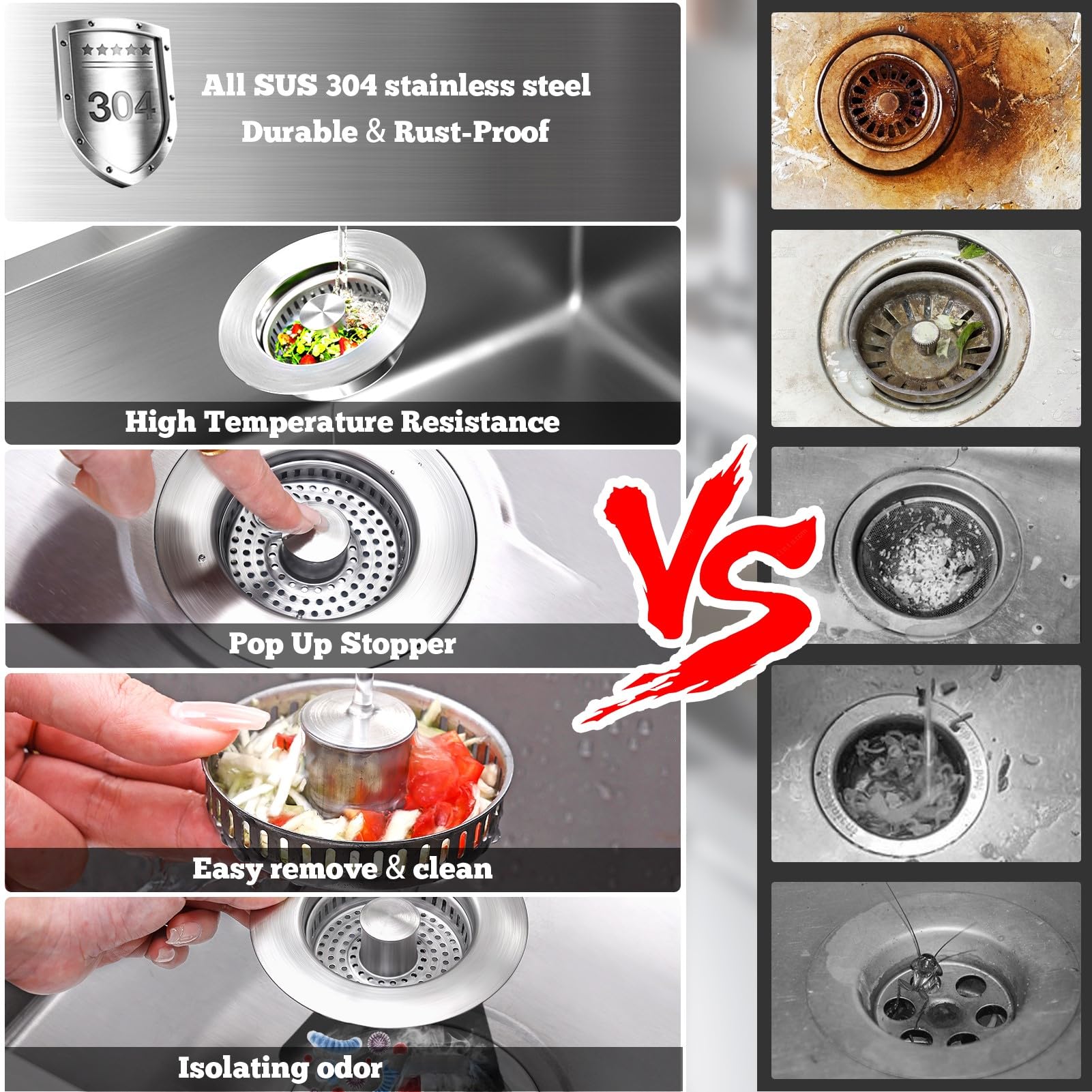 POWERSIR pop-up stopper with removable basket enables quick cleaning.