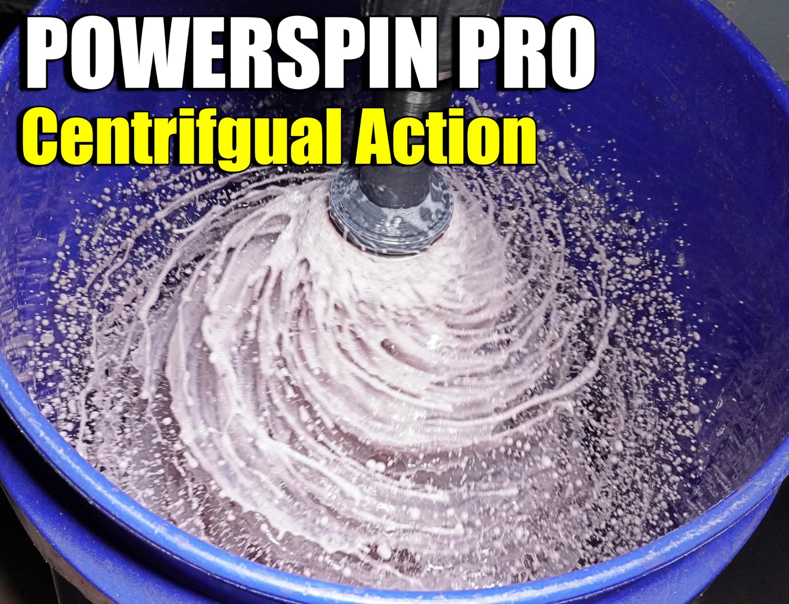 PowerSpin Pro bucket-cleanup scene emphasizes reduced mess during roller washing
