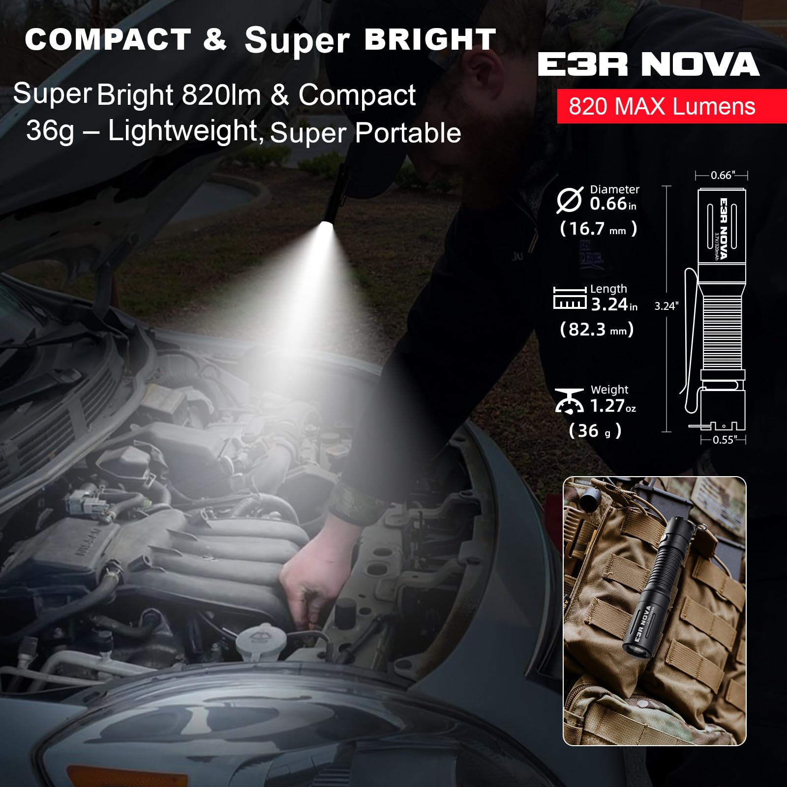 PowerTac E3R Nova side clip demonstrates secure pocket attachment for belts or bags.