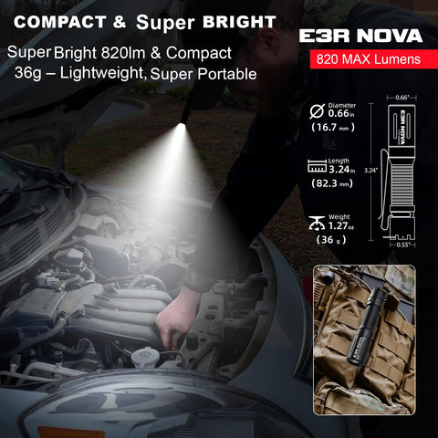 PowerTac E3R Nova side clip demonstrates secure pocket attachment for belts or bags.