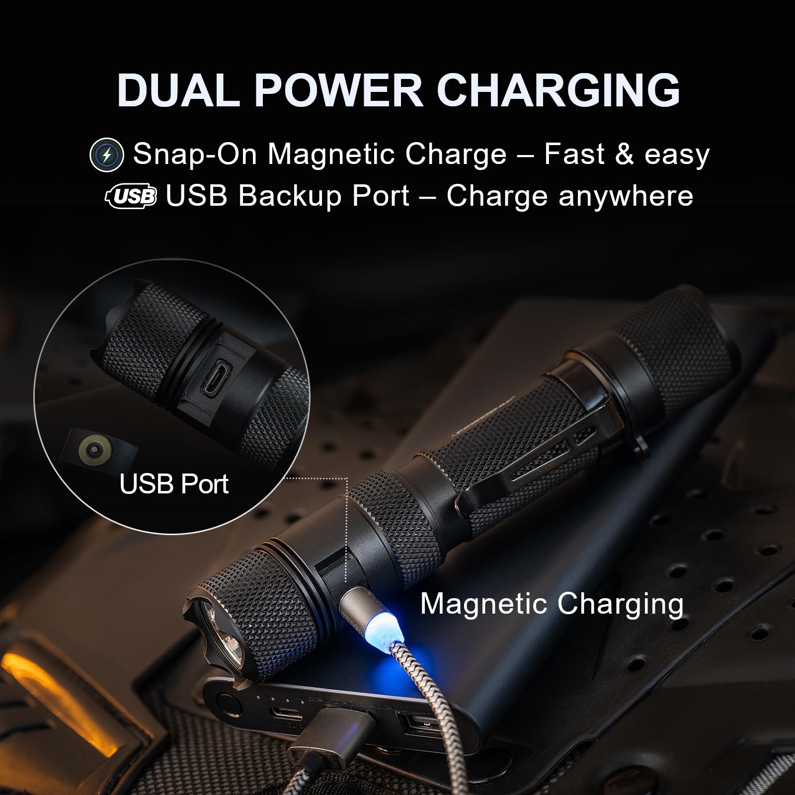 PowerTac E9R G4 flashlight USB charging for versatile on-the-go power