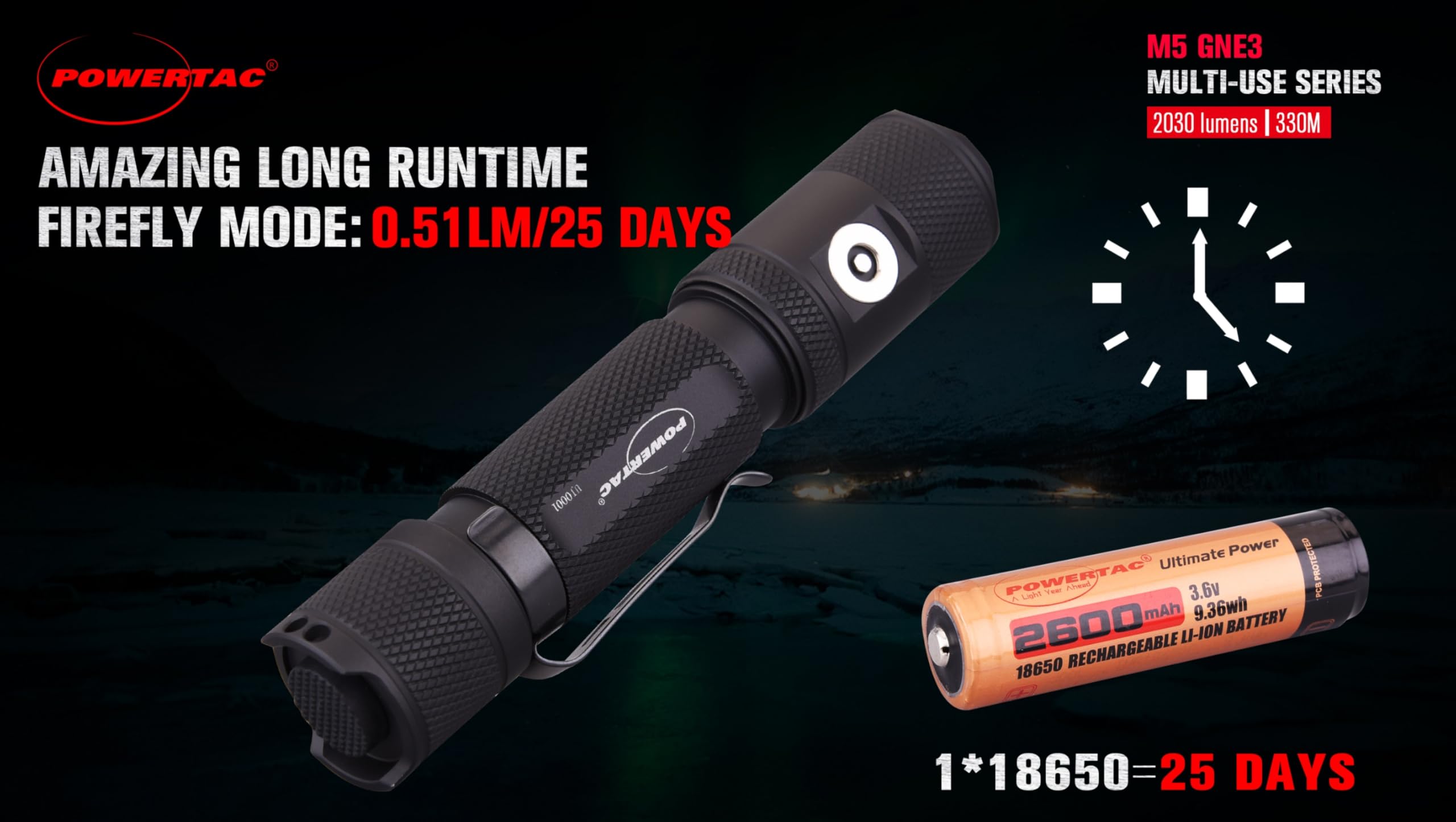 PowerTac M5-G3 rechargeable 2600 mAh battery included for ready power
