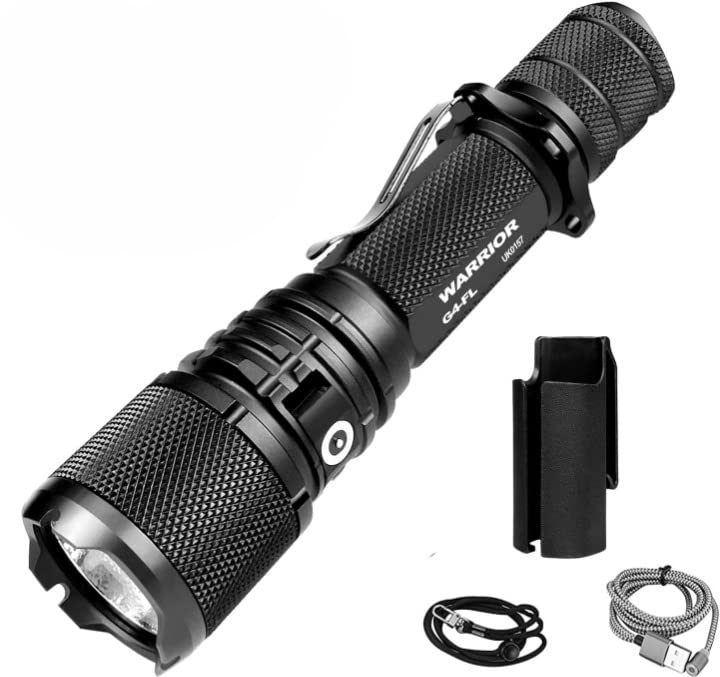 PowerTac Warrior G4-FL dual-tail switch image demonstrates quick brightness control