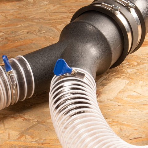 POWERTEC 2-1/2in port accepts standard hoses for versatile dust networking.