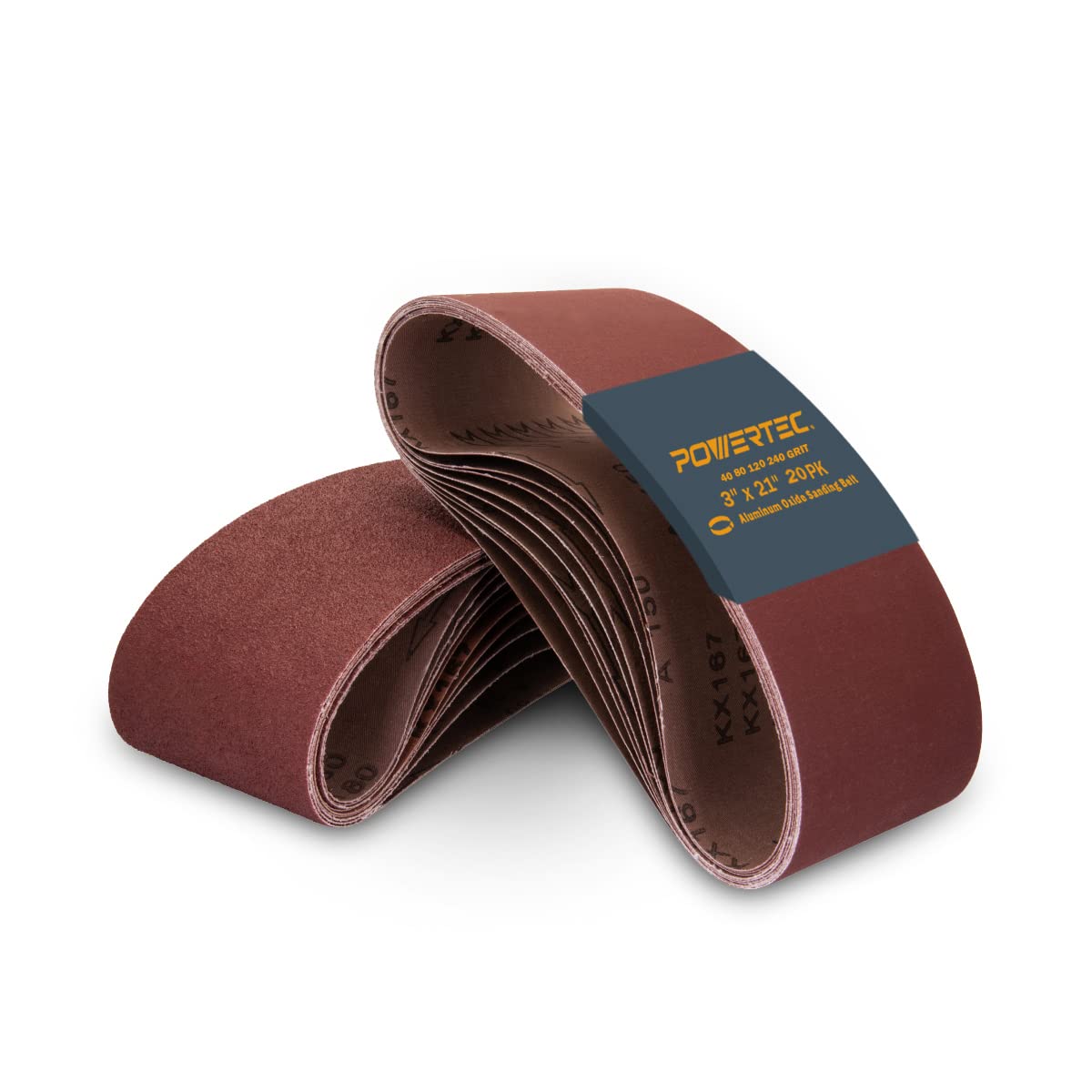 POWERTEC 3x21 belt close-up showing 40 grit for heavy wood removal