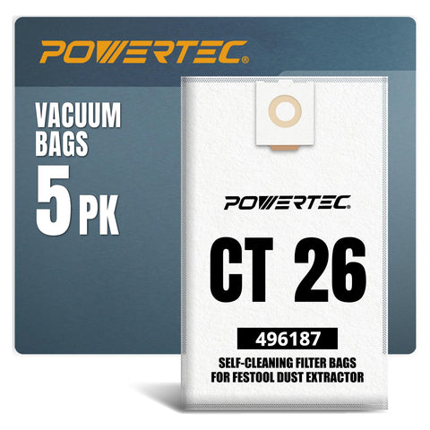 POWERTEC 496187 self-clean filter bag closeup showing pre-filter efficiency for CT26