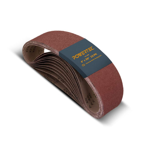 POWERTEC 4x36 inch belt in 120 grit for wood shaping and stripping.