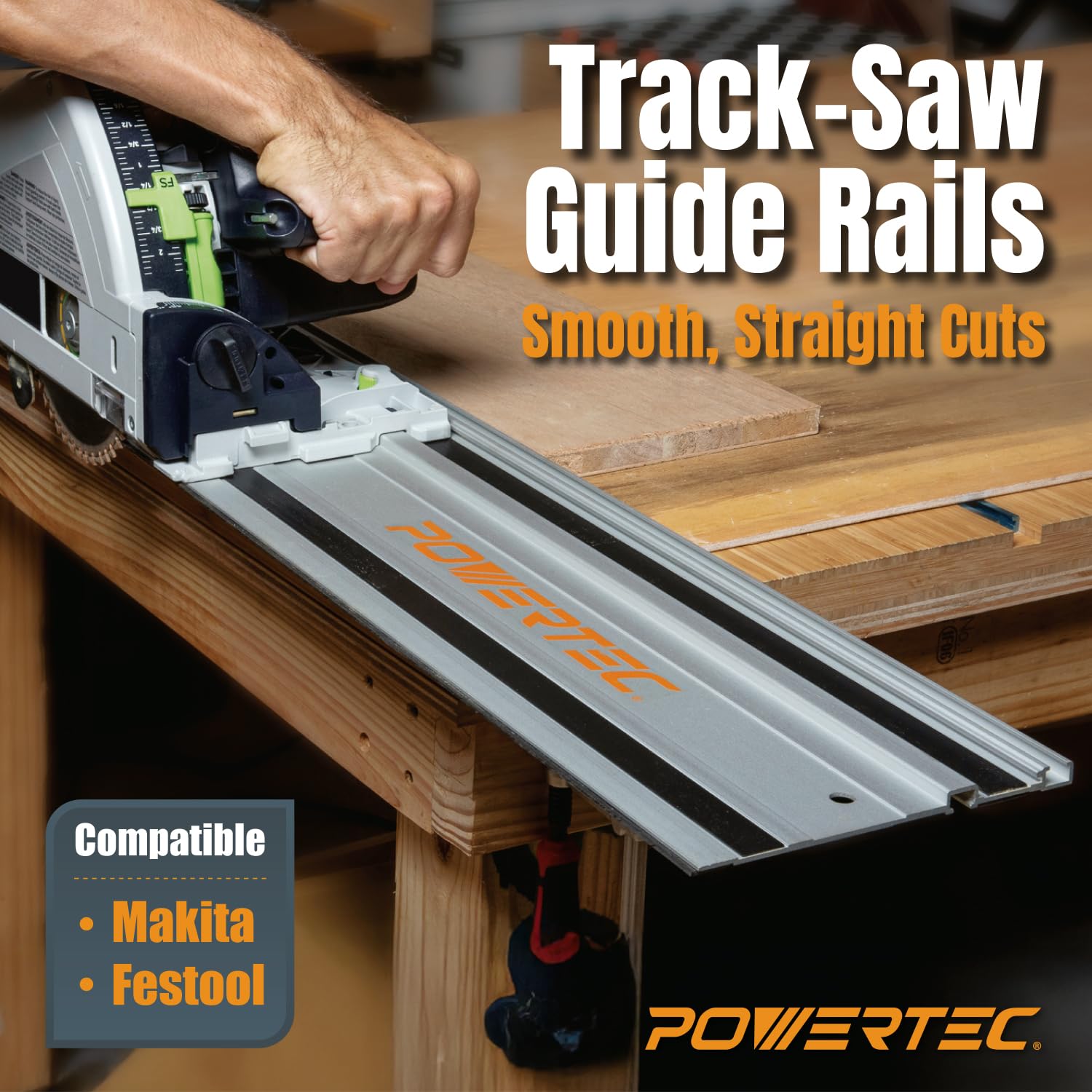 POWERTEC 55-inch guide rail ready for smooth, repeatable cuts