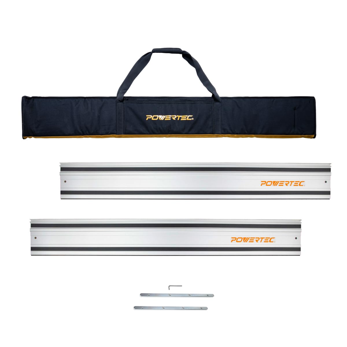 POWERTEC 55-inch guide rail front-assembly showing precise straight-cut reference