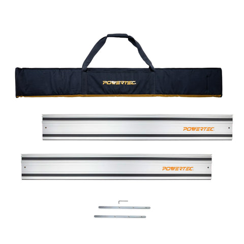 POWERTEC 55-inch guide rail front-assembly showing precise straight-cut reference