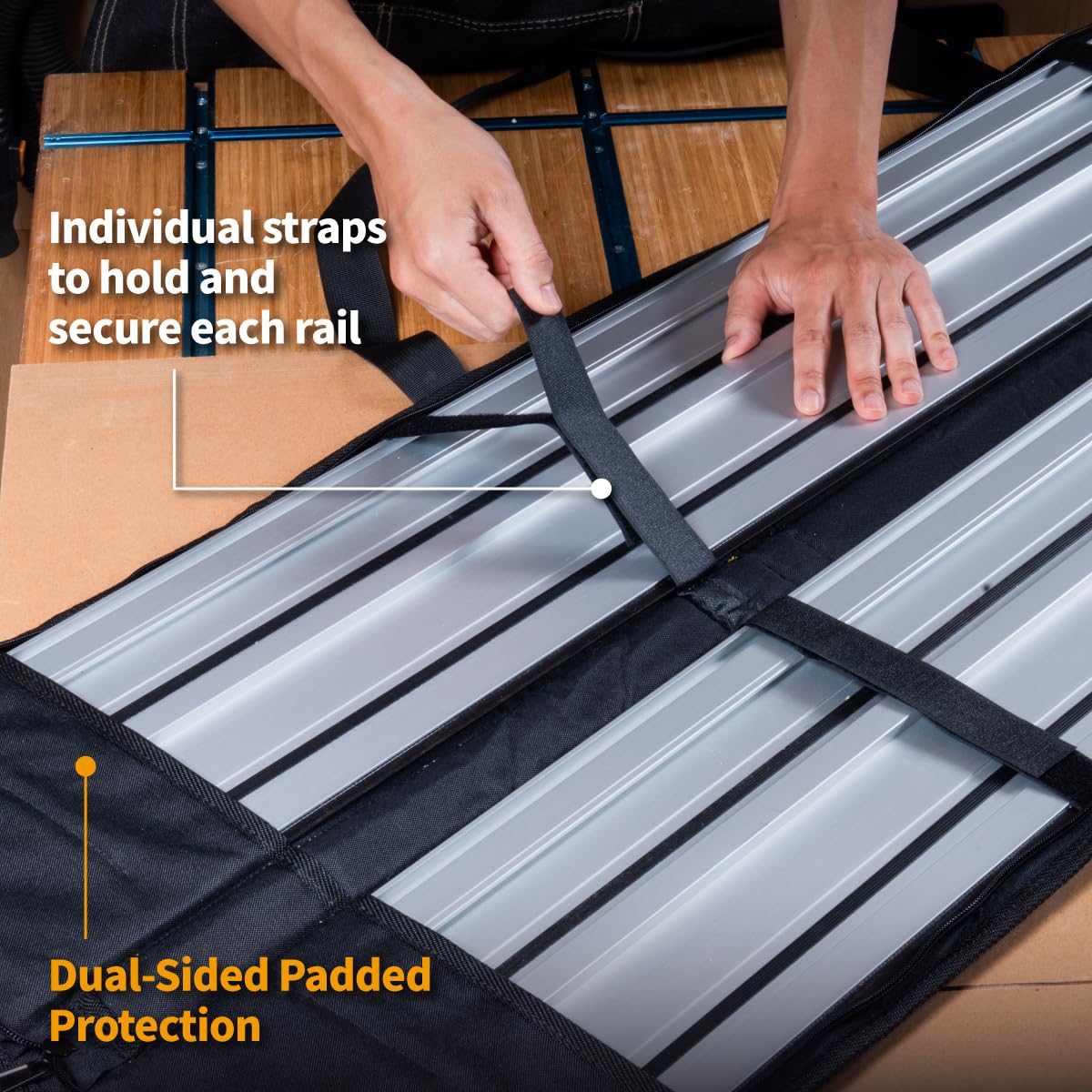 POWERTEC 55-inch rail with splinter guard reduces tear-out and dust