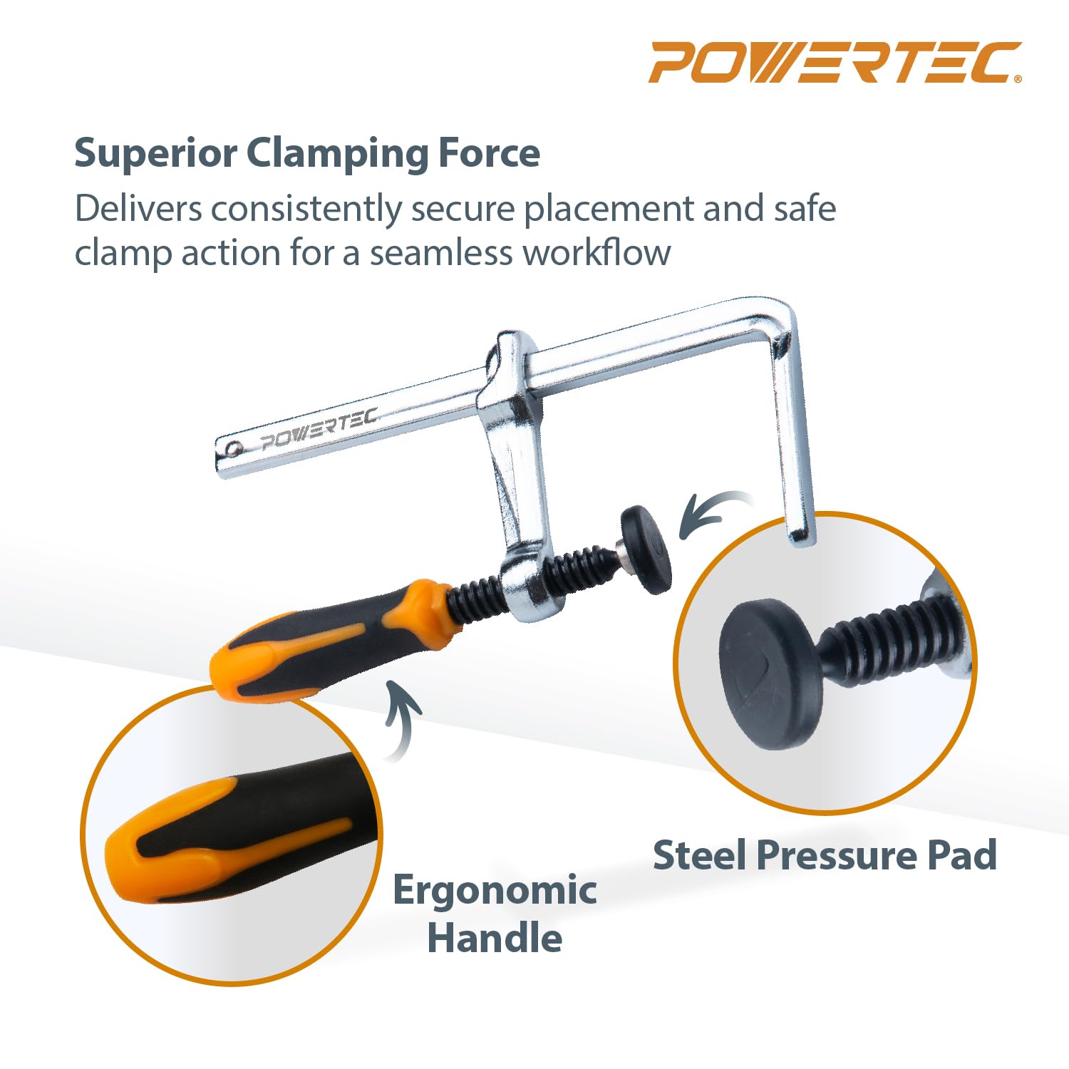 POWERTEC 71410 clamps feature ergonomic plastic handles for comfortable tightening