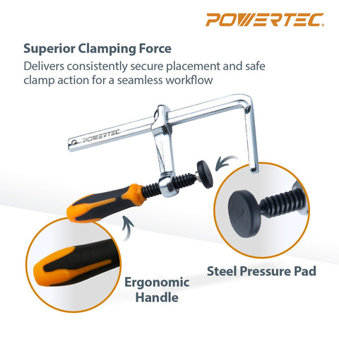 POWERTEC 71410 clamps feature ergonomic plastic handles for comfortable tightening