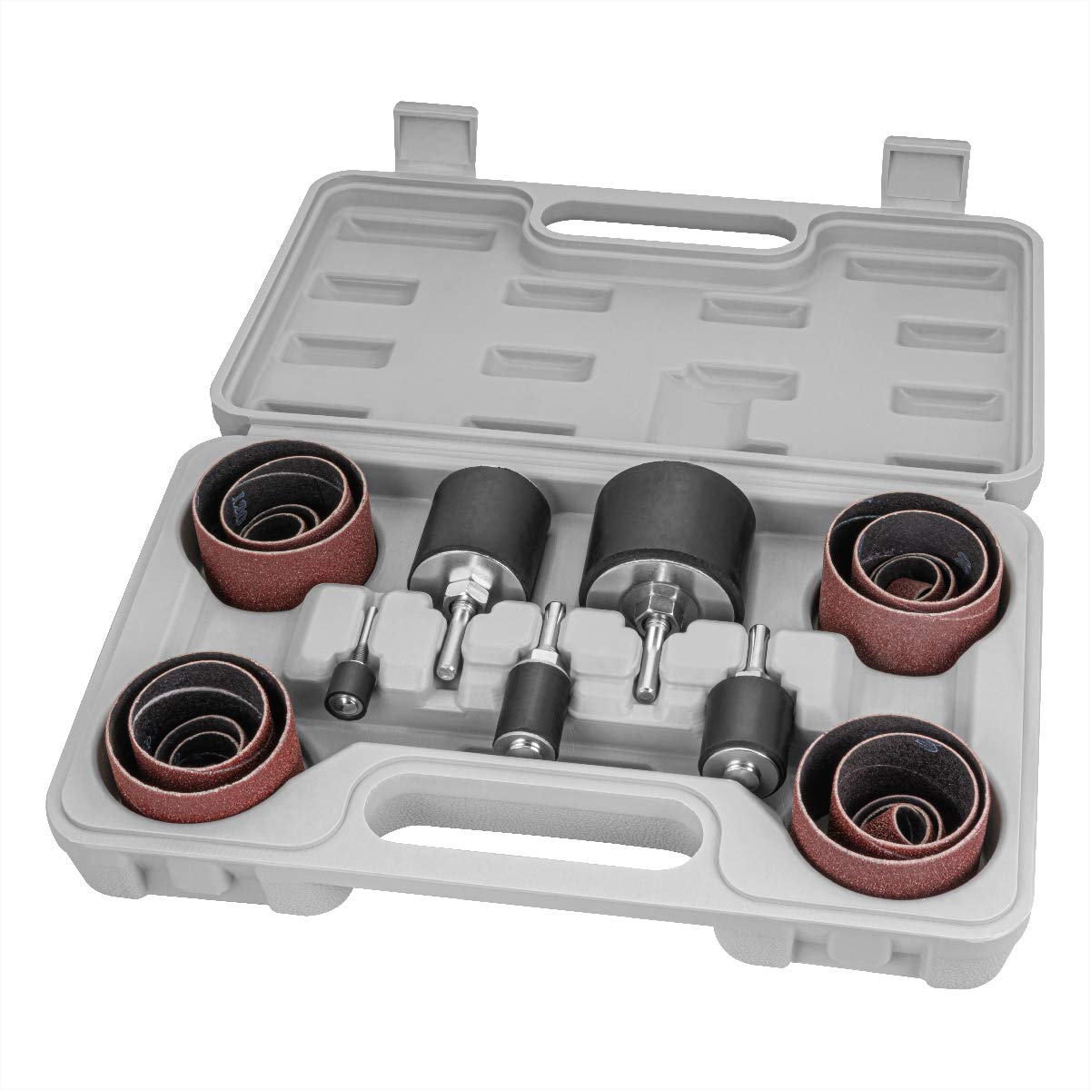 POWERTEC 71635 carrying case stores the complete sanding drum kit for portability.