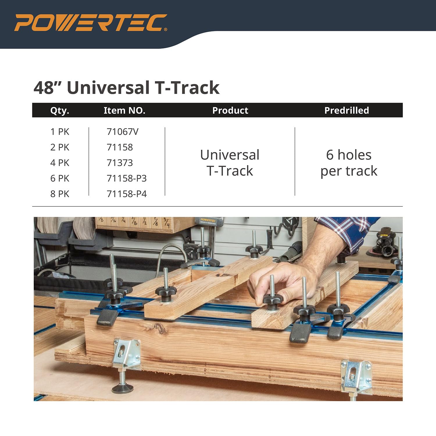 POWERTEC aluminum t-track highlighting rust-resistant, durable construction.