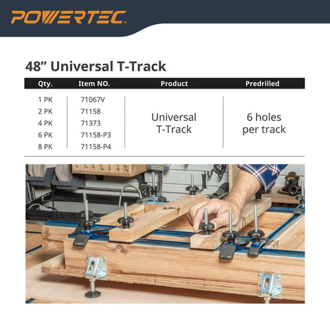 POWERTEC aluminum t-track highlighting rust-resistant, durable construction.