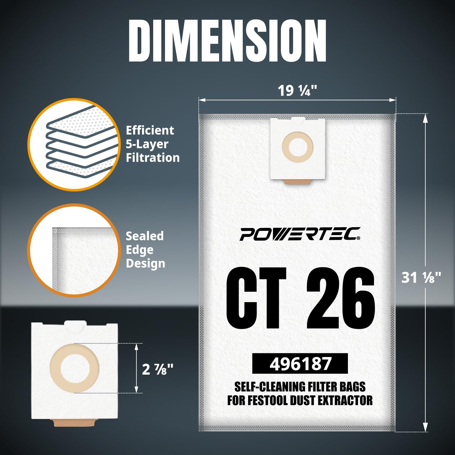 POWERTEC CT26-compatible filter bag installation view improves vacuum setup